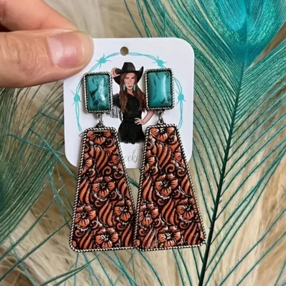 Silver Plated & Turquoise Howlite Stone Earrings - NEW - WESTERN BOHO Cowgirl - Picture 3 of 3